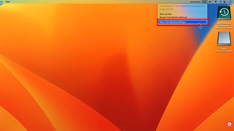 Open Time Machine Settings