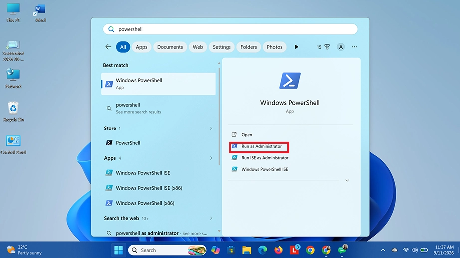 Open Windows PowerShell as administrator
