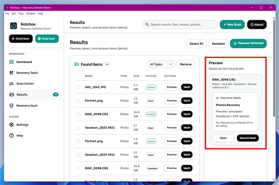 Preview the recoverable files