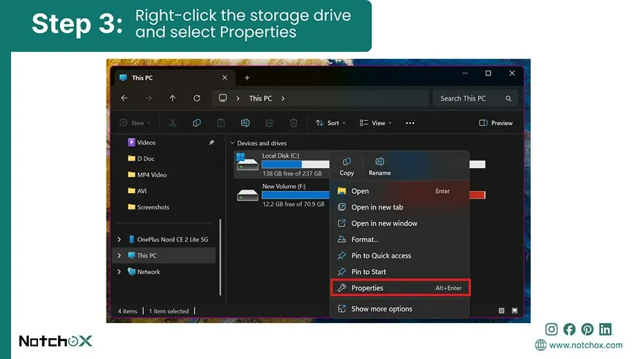 Right-click the storage drive and select Properties