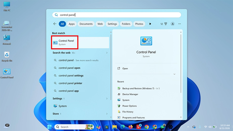 Search for and open Control Panel
