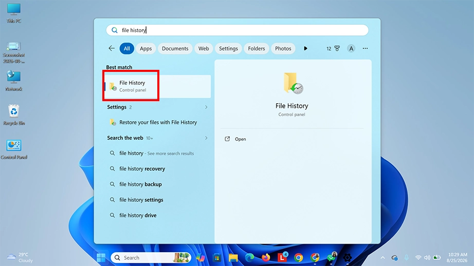 Search for and open File History