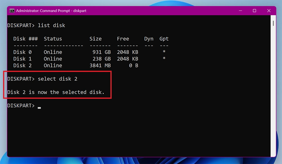 Select disk command