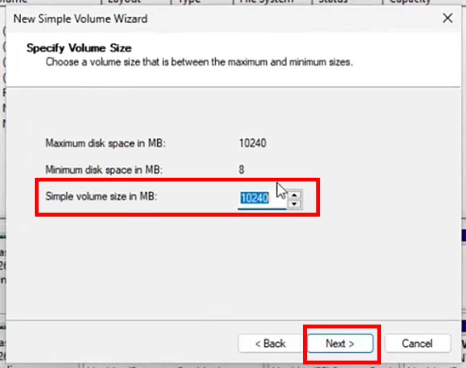 Select drive size and click the Next button