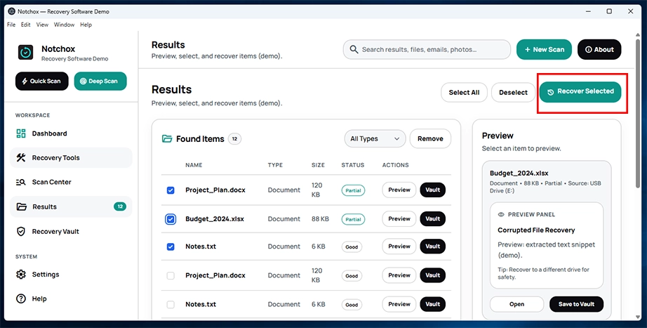 Select files and click the Recover Selected button
