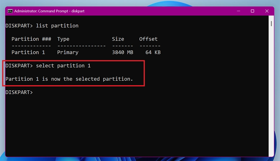 Select partition command
