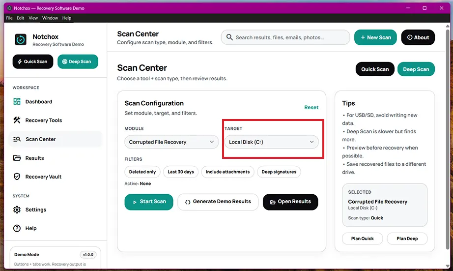 Select target storage drive