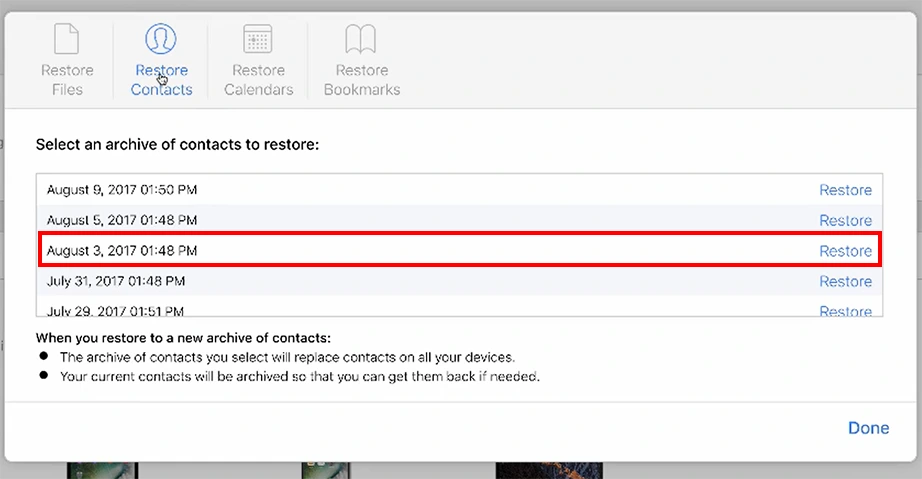 Select the backup to be restored