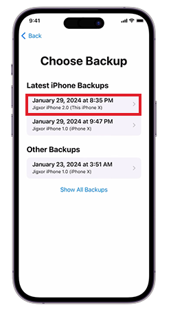 Select the backup
