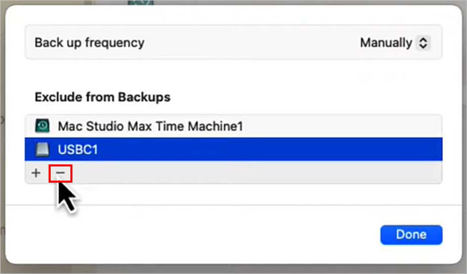Select the drive and click the minus button