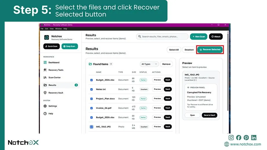 Select the files and click Recover Selected button