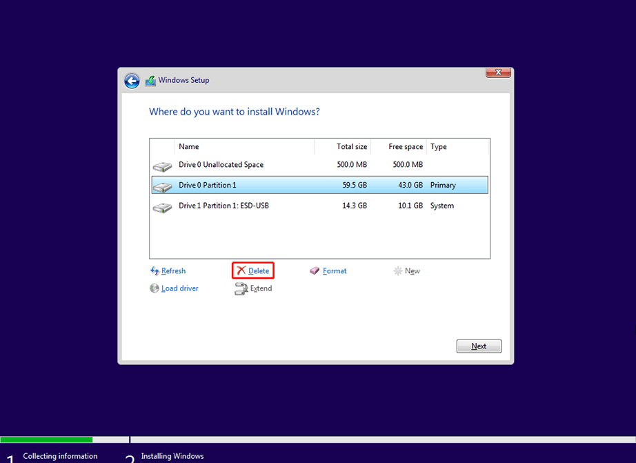 Select the partition and click the Delete button