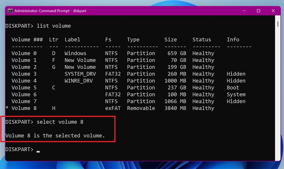 Select volume command