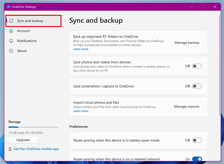 Sync and backup tab