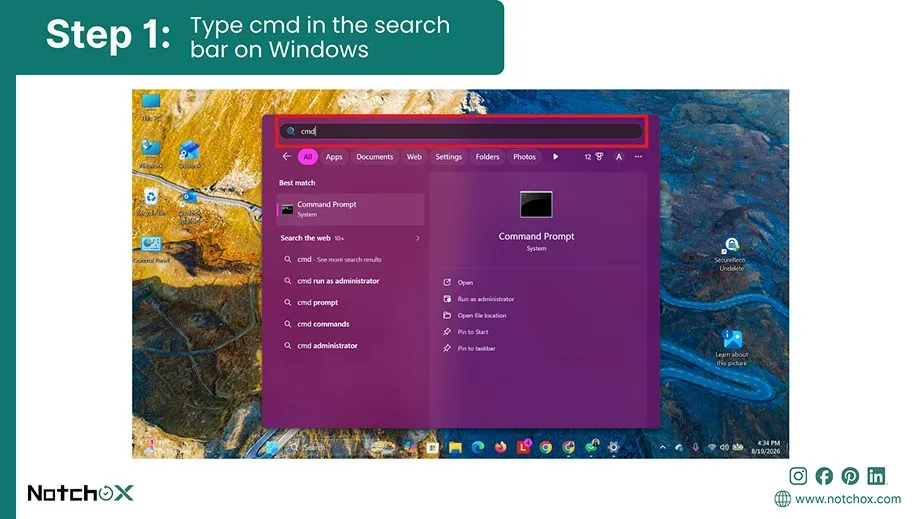 Type cmd in the search bar on Windows