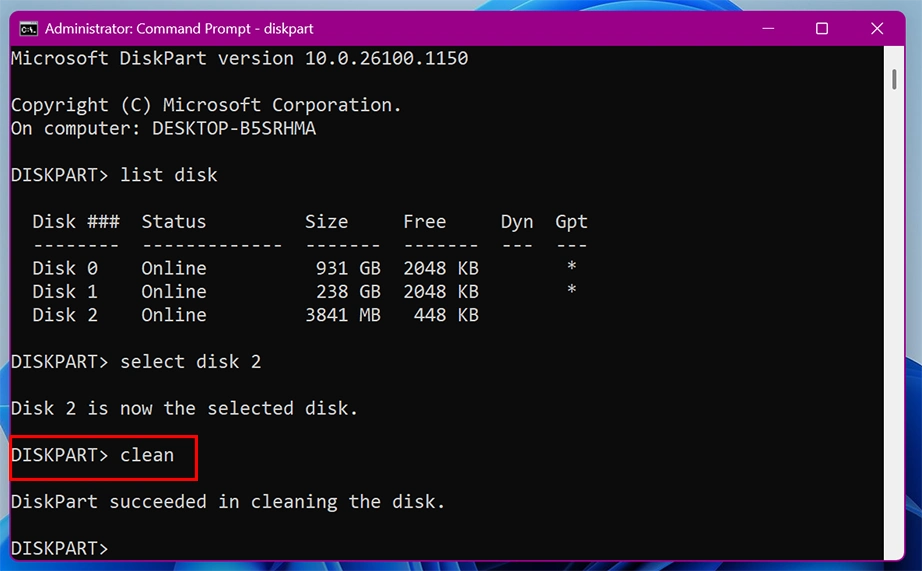 clean command