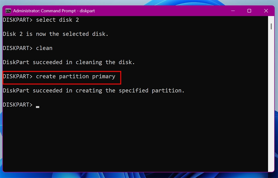 create partition primary command