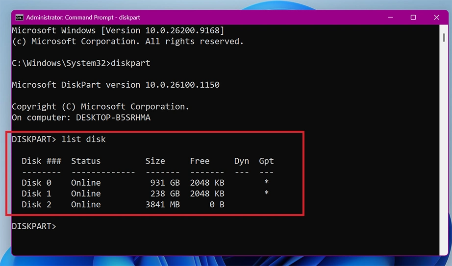 list disk command
