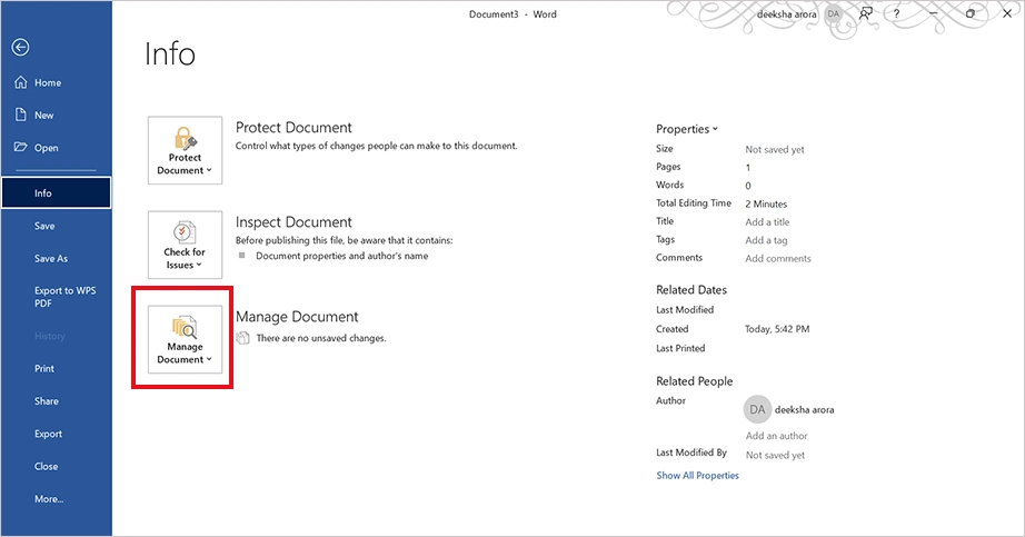 Click Manage Document