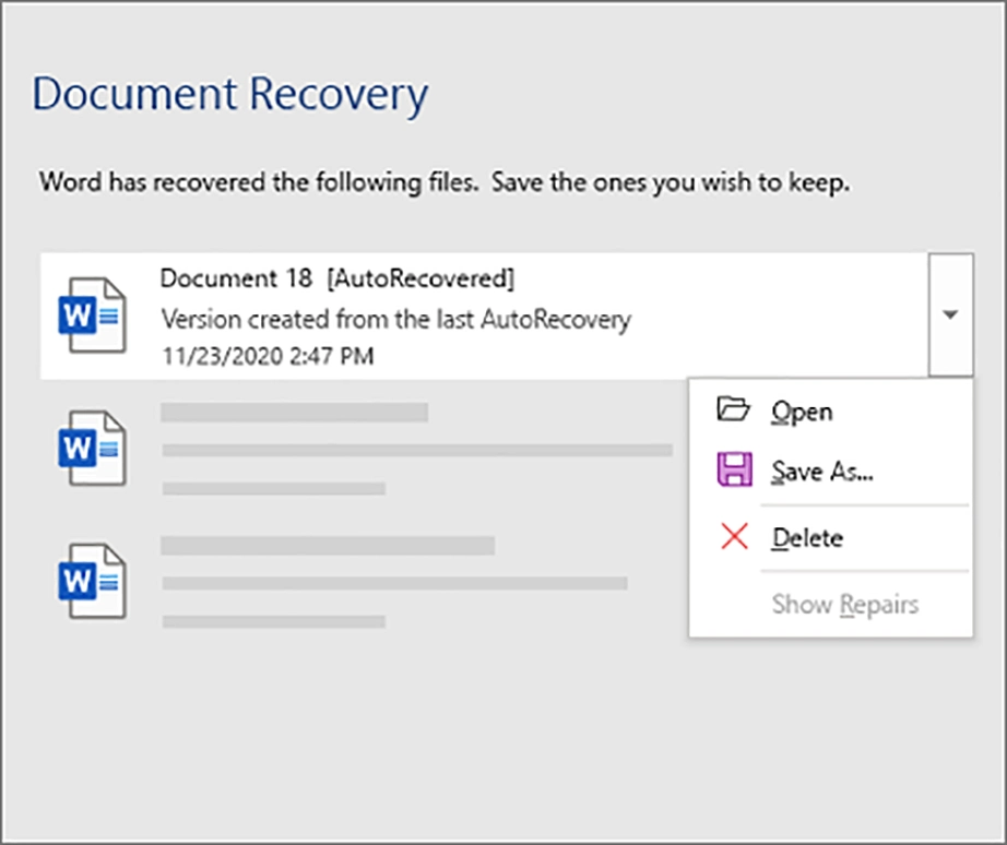 Document Recovery pane