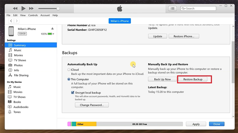 Restore Backup button