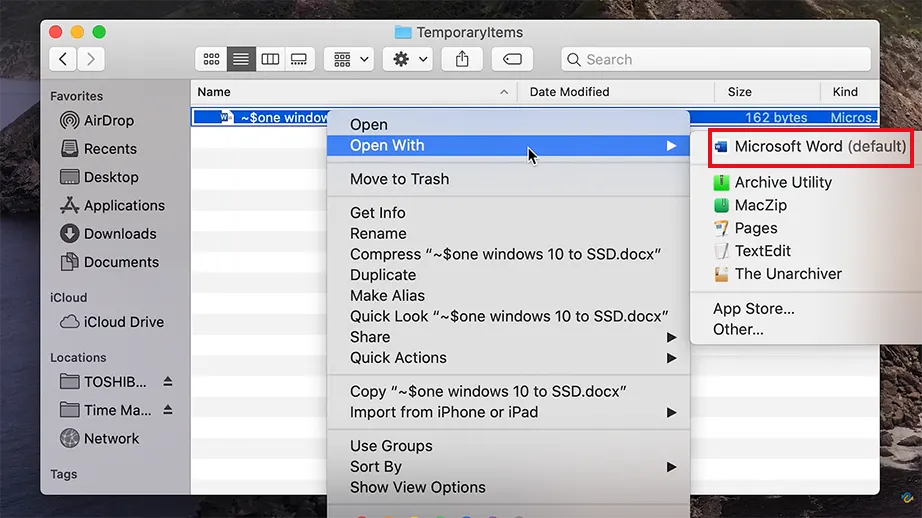 Right-click the document and select Open With Microsoft Word