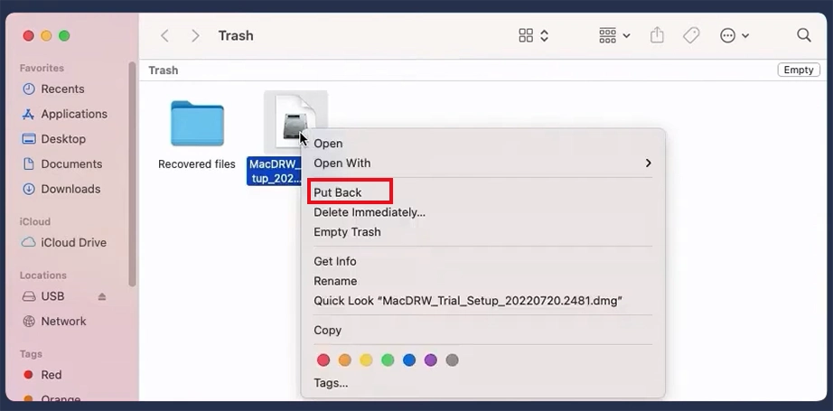 Right-click the file and select Put Back