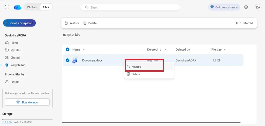 Right-click the file and select Restore
