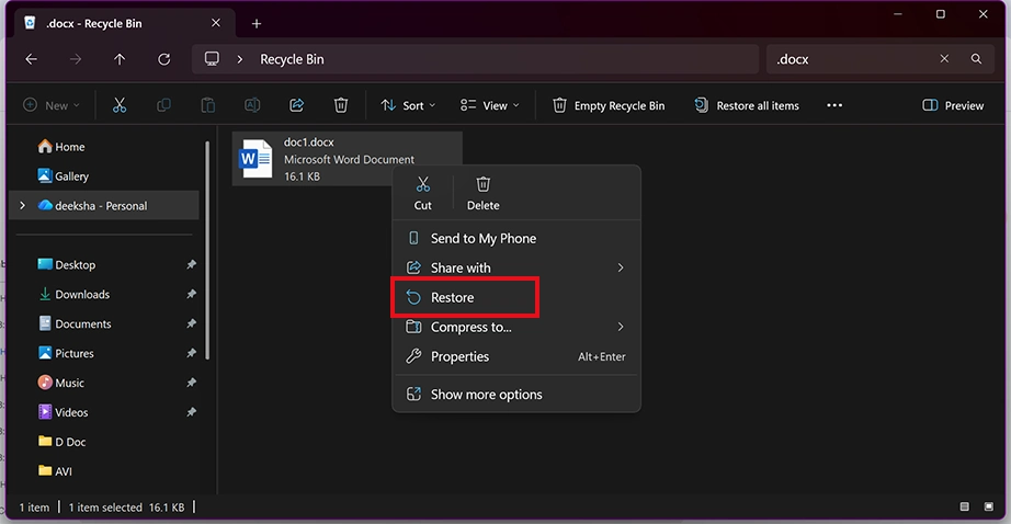 Right-click the file and select Restore