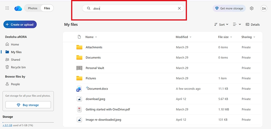 Search for file in OneDrive