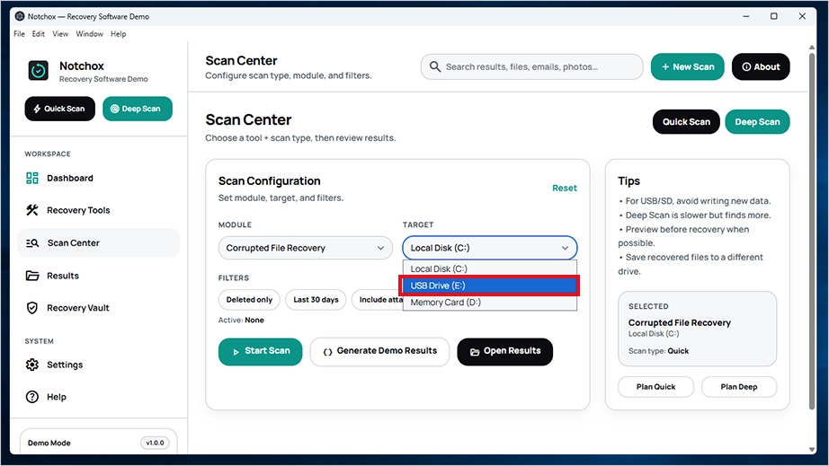 Select USB as target drive