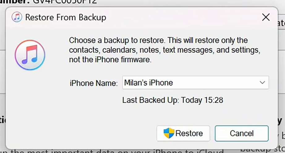 Select iPhone backup and click Restore