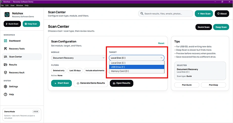 Select target drive to scan