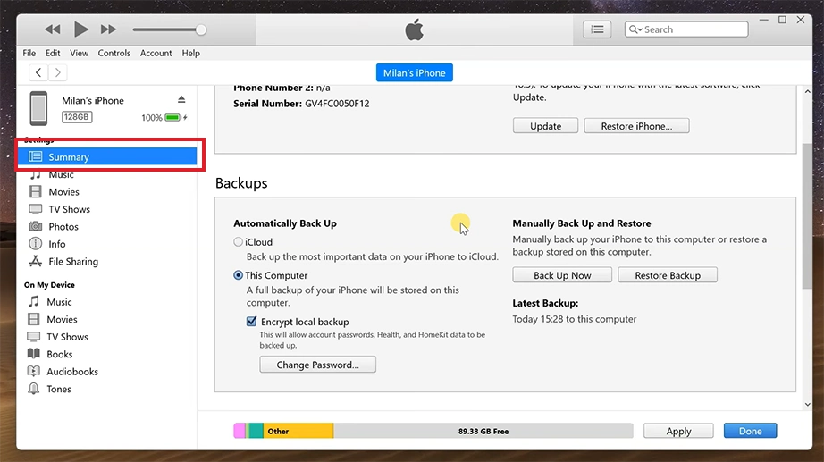 Summary tab in iTunes