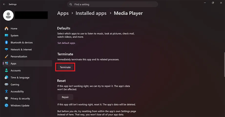 Terminate button