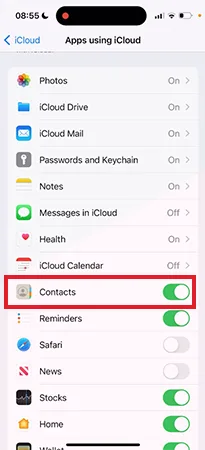 Toggle off Contacts