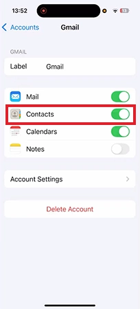 Toggle on Contacts